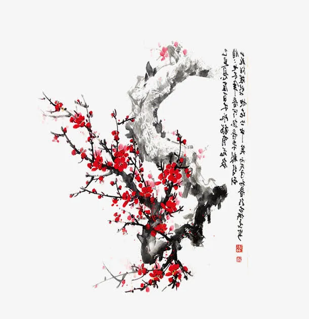 红色水墨国画梅花腊梅免抠