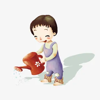 卡通浇水的女孩插画免抠