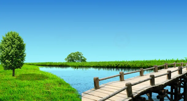蓝天草地溪流素材免抠