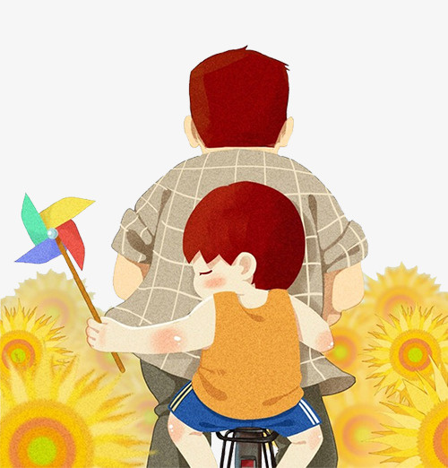 手绘卡通父亲载着男孩骑车免抠
