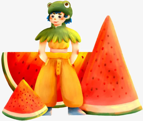 手绘西瓜青蛙女孩元素免抠