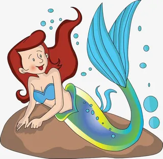 坐在石台上图泡泡的人鱼免抠