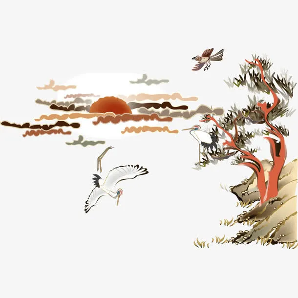 水彩山水画免抠