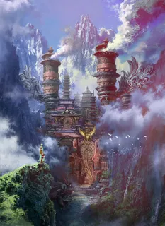 游戏场景古老建筑风格云朵环绕免抠