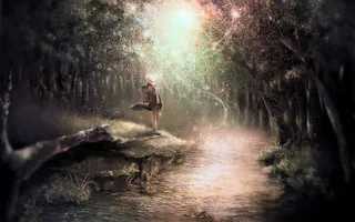 梦幻森林溪流草地少女免抠