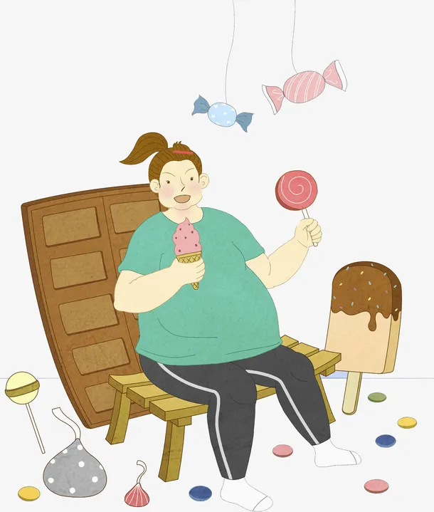 手绘吃冰淇淋的胖女孩免抠