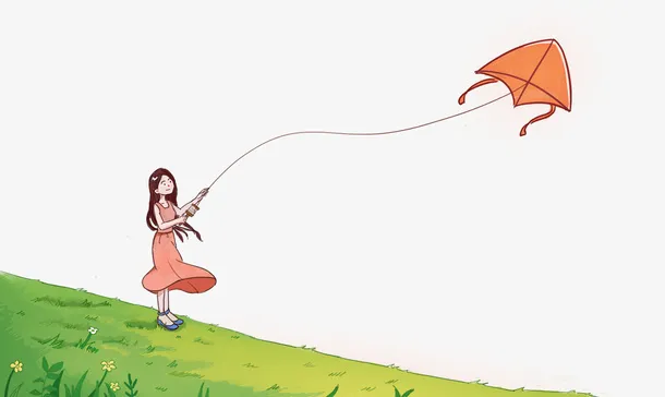 手绘夏日草地放风筝的小女孩插画免抠
