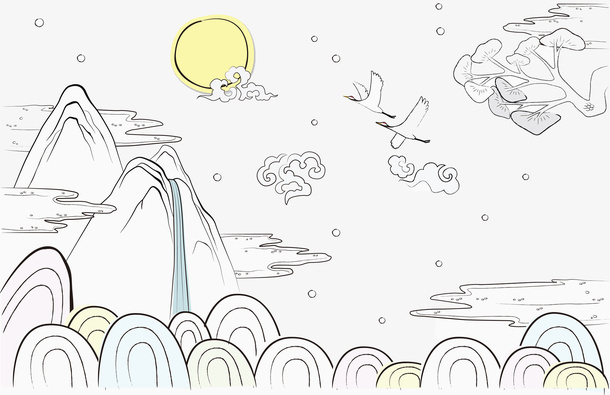 淡色中国风淡雅清新山水画免抠