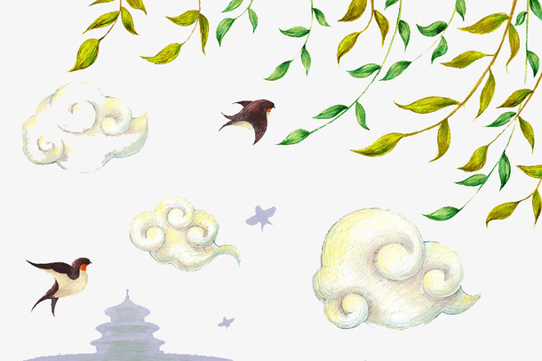 手绘装饰插图春日的柳树免抠
