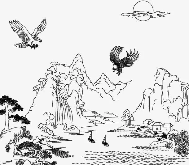 手绘白描山水简笔画免抠