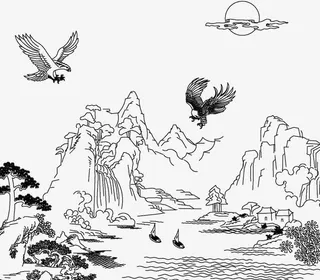 手绘白描山水简笔画免抠