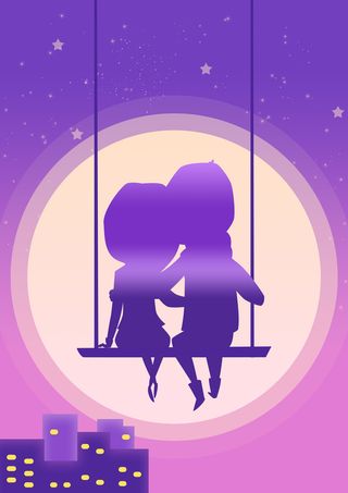 手绘情侣荡秋千渐变插画高清