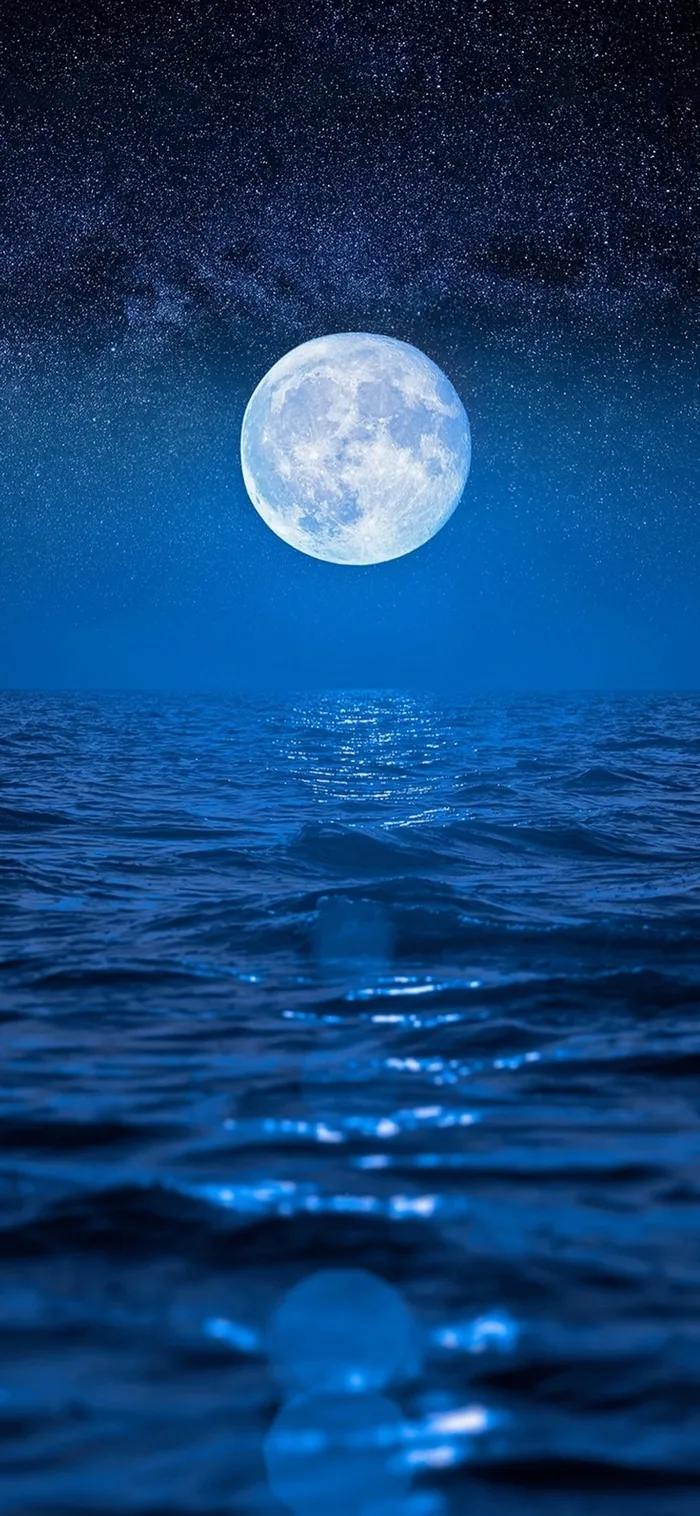 月圆之夜蓝色海水高清