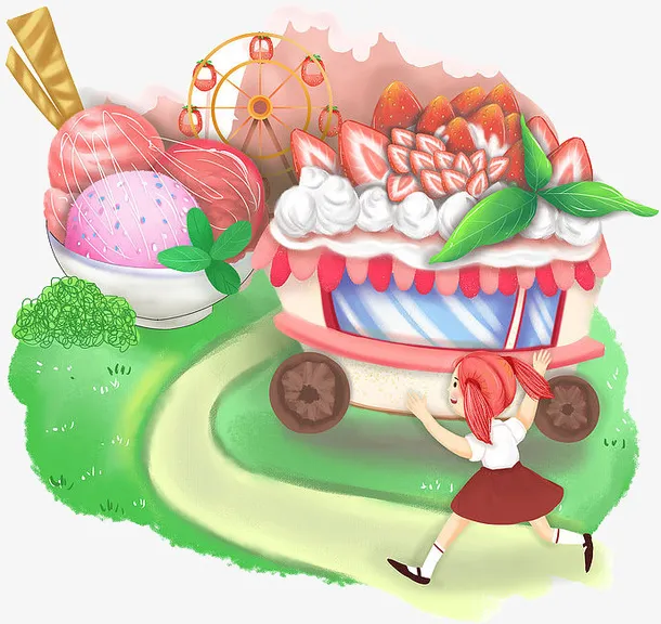 草莓冰激凌草莓蛋糕儿童童话乐园插画免抠