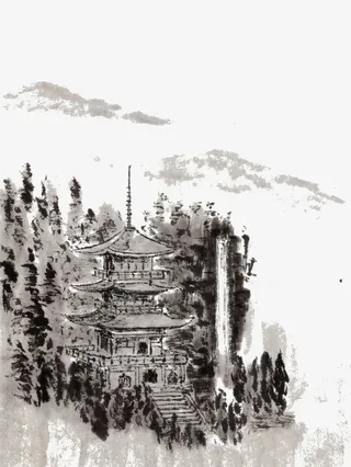 手绘塔楼宝塔水墨画免抠