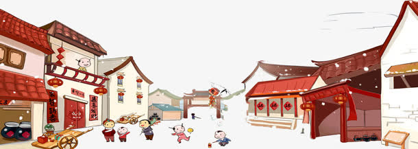 街道欢乐儿童新年手绘免抠