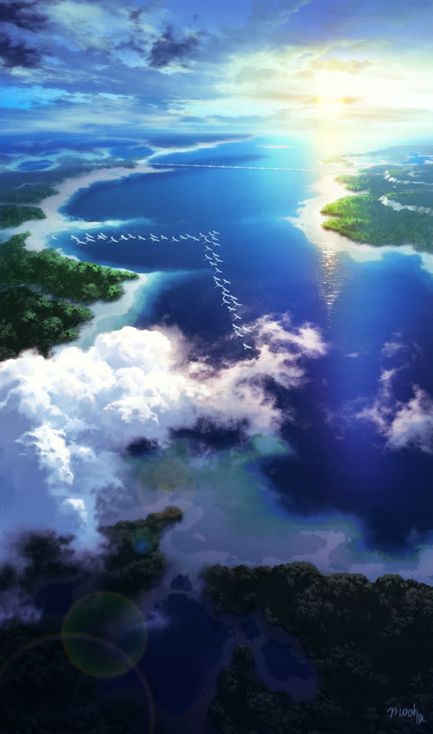 梦幻阳光白云河流免抠