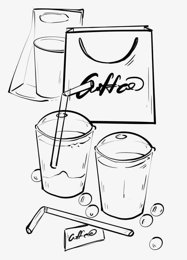 线描饮品和打包袋免抠