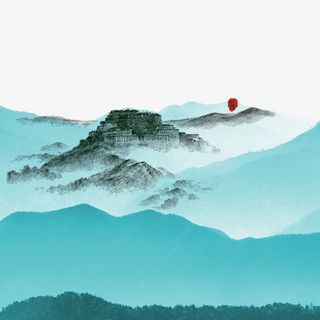 手绘群山上的万里长城免抠