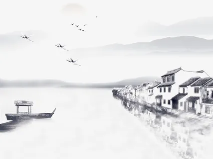 江南水墨风写实岸边村落免抠