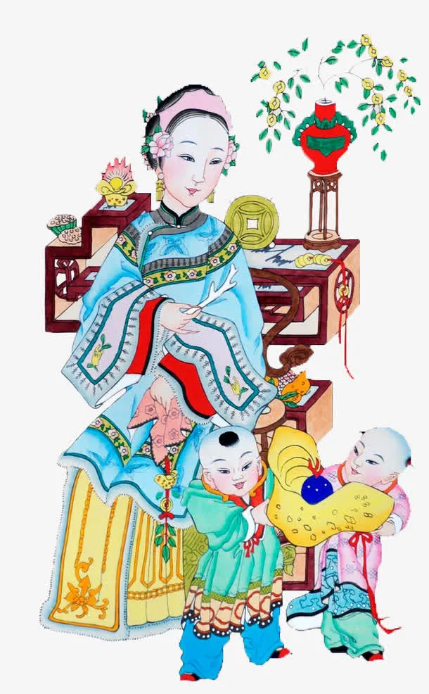 古代富家母亲与孩子免抠