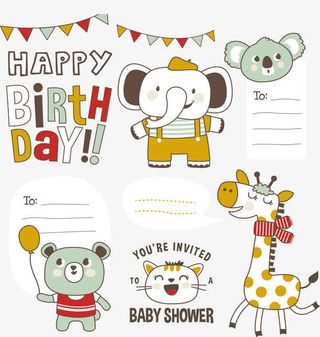 矢量儿童卡通手绘生日卡片免抠