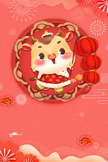 云纹手绘生肖牛提灯笼背景图高清