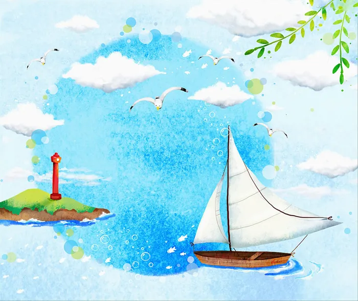 手绘海洋上的帆船背景素材高清