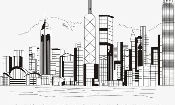 手绘线稿香港建筑全貌图免抠