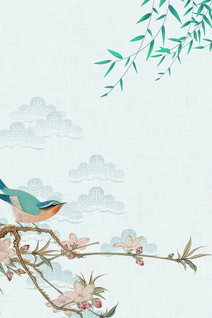 浅绿色古典春季上新花鸟春天背景高清