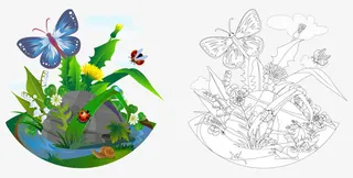 卡通蝴蝶七星瓢虫蜗牛草丛石头免抠