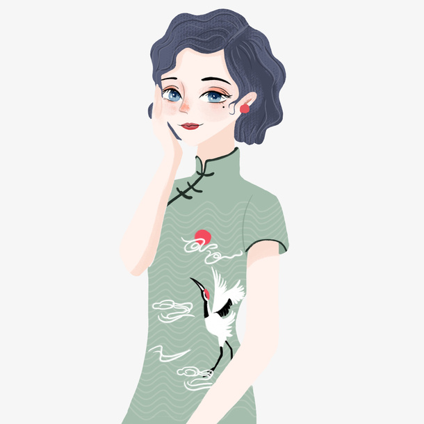 手绘旗袍女子免抠