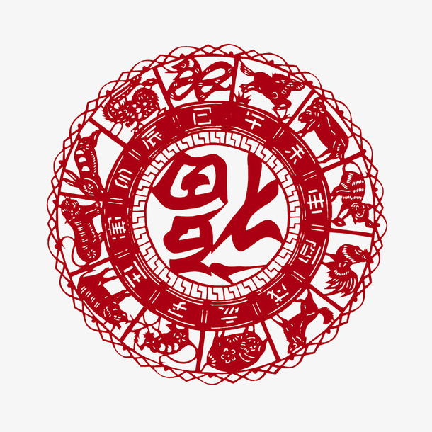手绘红色圆形十二属相福字剪纸免抠