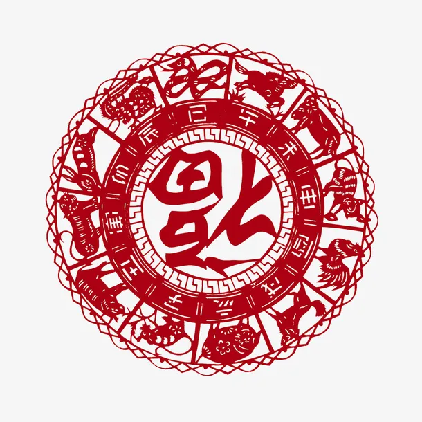 手绘红色圆形十二属相福字剪纸免抠