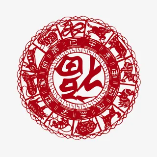 手绘红色圆形十二属相福字剪纸免抠