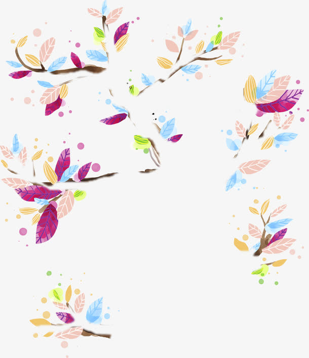 彩色时尚手绘花朵树枝免抠