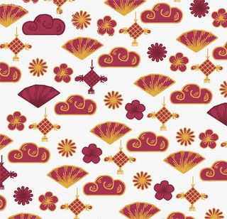 红色中国风扇子花纹免抠