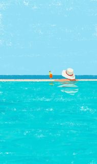 手绘卡通人和小鸟海水免抠