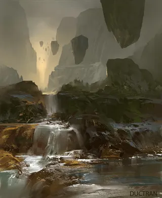 手绘奇幻漂浮岩石免抠