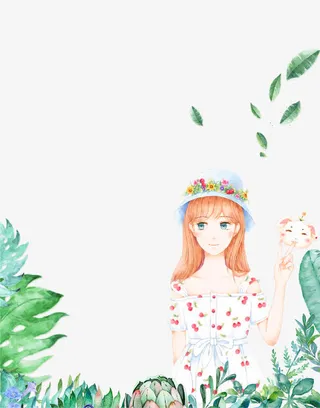 卡通手绘唯美春季女孩插画免抠