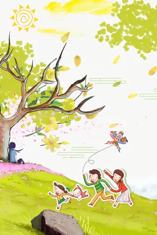 浅绿色手绘传统节气踏青放风筝背景高清