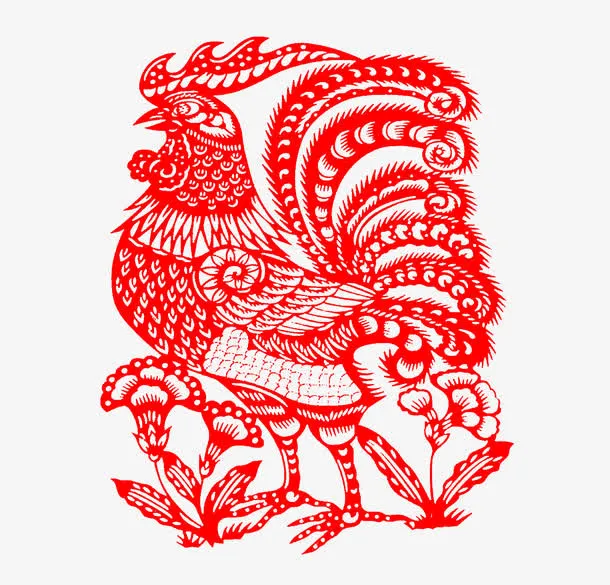 红色金鸡剪纸免抠