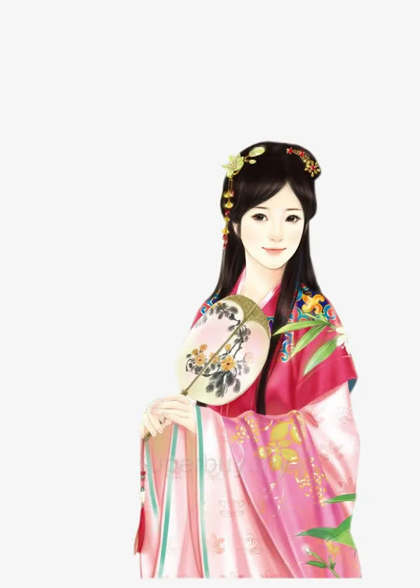 立绘古风红衣持扇长发女子免抠