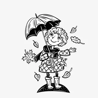 落叶中撑伞的女孩免抠