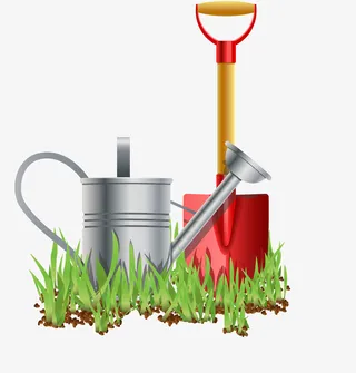 绿色草地上的铲子和水壶免抠