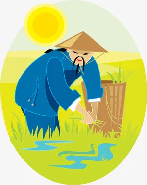 扁平风农田插秧水稻农民插画免抠