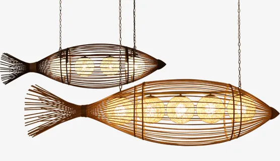 日式田园鱼形竹编灯饰免抠