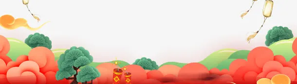 红色立体新春祥云松树底纹免抠