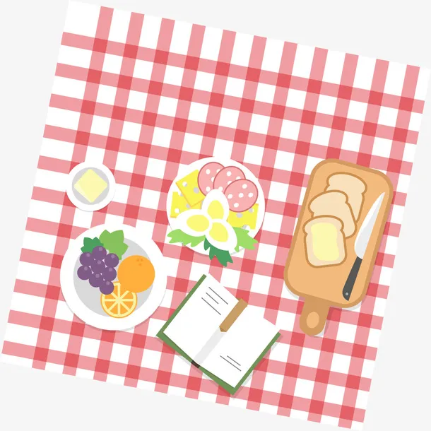 红色网格餐布美食免抠