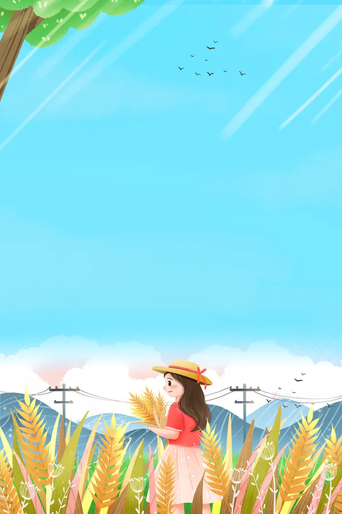夏天立夏二十四节气手绘人物麦子树枝高清